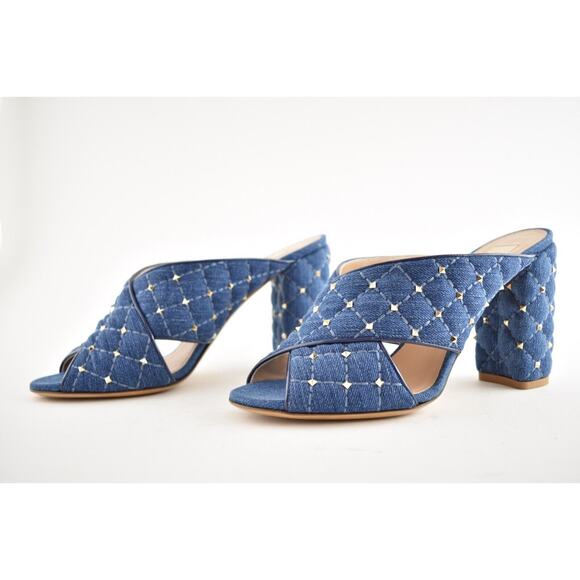 Valentino Rockstud Spike Denim Blue Mule Stud Backless Sandal Open Heel Pump 37 - Picture 10 of 12